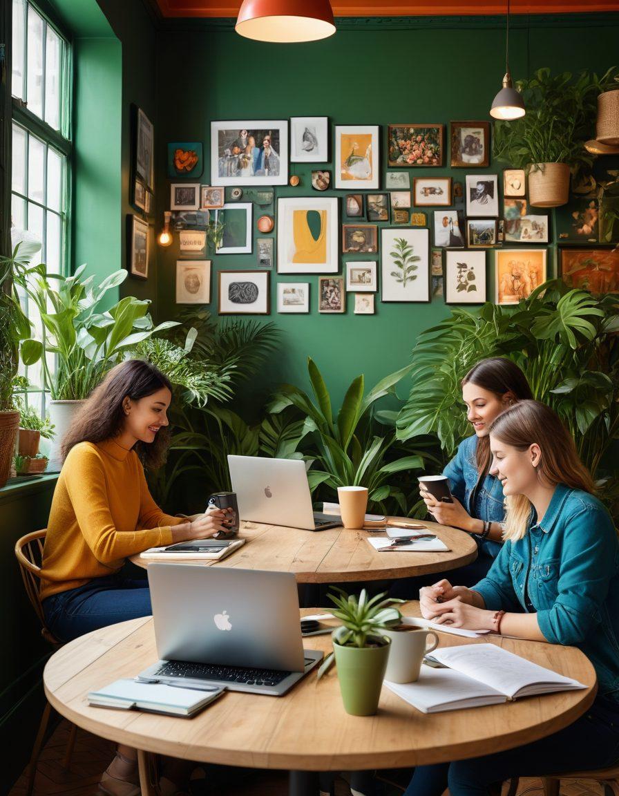 A diverse group of bloggers gathered around a large, round table filled with laptops, notebooks, and coffee cups, sharing ideas and experiences. The scene is set in a cozy, well-lit café with plants and photographs on the walls, reflective of modern and authentic culture. Each blogger exhibits a unique style, wearing trendy outfits and showcasing different gadgets. Capture the warmth of collaboration and the joy of self-expression among them. vibrant colors. super-realistic.