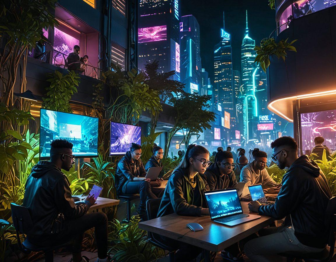 A contemporary scene depicting a diverse group of people engaging with technology in a modern urban setting. Include elements like laptops, smartphones, and digital interfaces, while showcasing vivid interactions and expressions of curiosity and empowerment. The backdrop might feature a blend of nature and tech, symbolizing the harmony in modern lifestyle. vibrant colors. cyberpunk style.