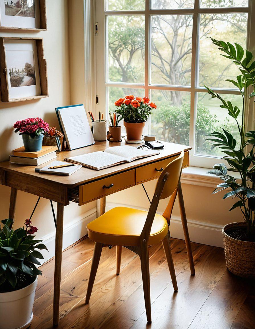 A whimsical writing desk adorned with scattered notebooks, colorful pens, and a steaming cup of coffee, surrounded by inspiring decor such as framed art and potted plants. Open a window to a vibrant view of a sunny garden, symbolizing creativity and serenity. Overlay text hints of 'Creative Writing' and 'Informative Lifestyle'. soft focus, warm colors, cozy atmosphere.
